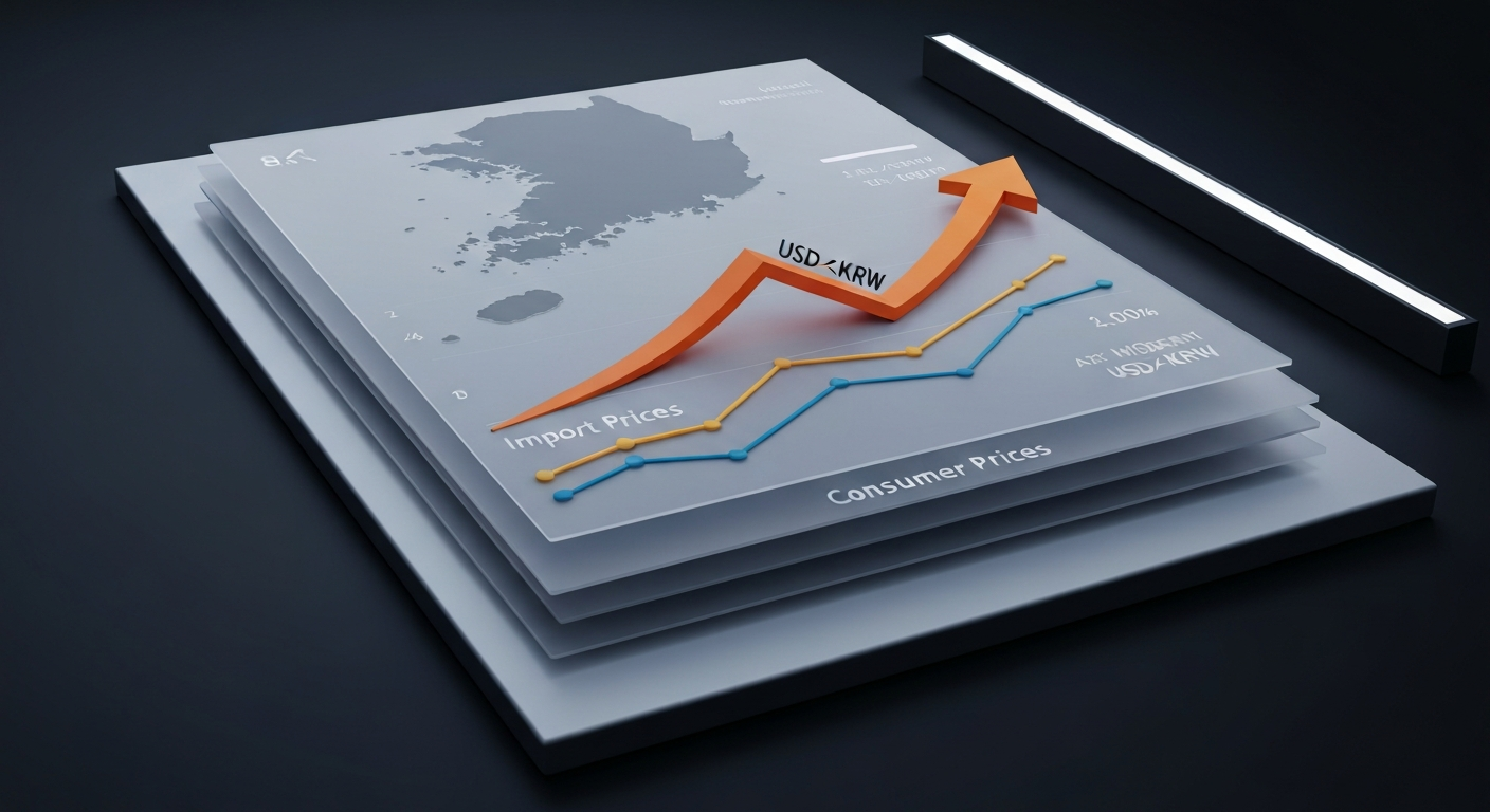 고환율이 수입물가 상승을 유발하고 소비자물가로 전이되는 시차를 나타내는 경제 지표 그래프