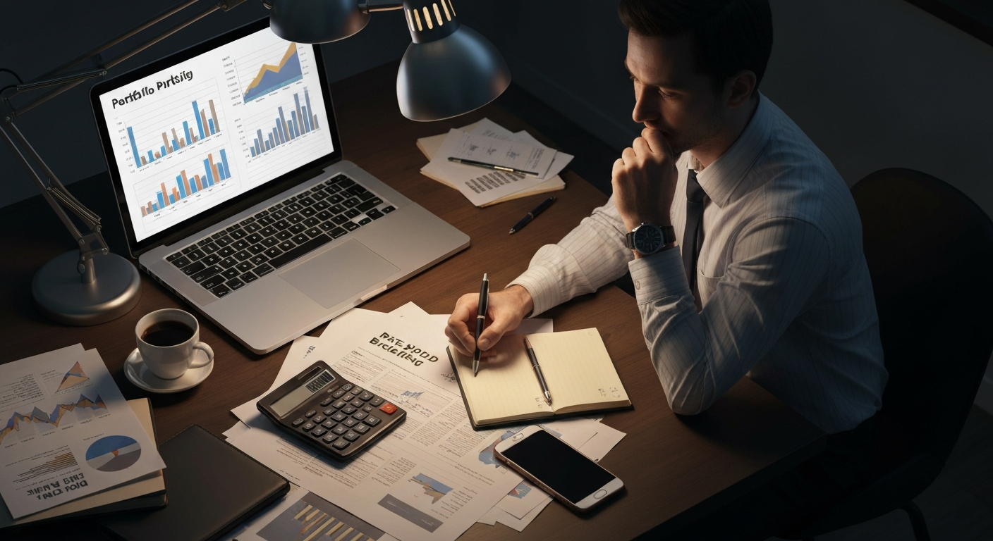 금리 동결 국면에서 투자자가 포트폴리오를 보수적으로 재점검하는 전략적 행동을 상징하는 이미지