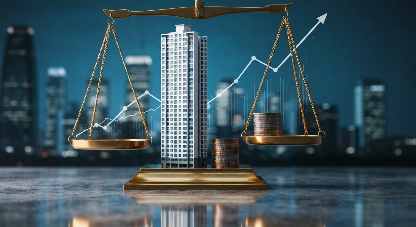 부동산 시장 안정과 금융안정 사이의 정책적 균형점을 모색하는 딜레마를 상징하는 이미지
