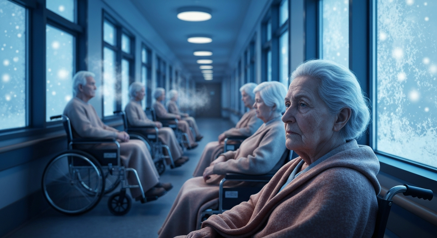 겨울철 고령층 헬스케어 시스템에 가해지는 잠재적 부담을 상징하는 이미지