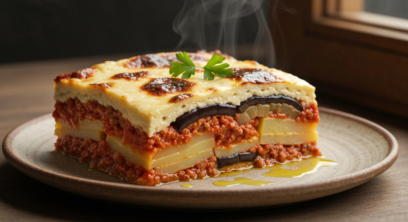 특별한 미식 경험이라는 부가가치를 상징하는 완성된 무사카 요리