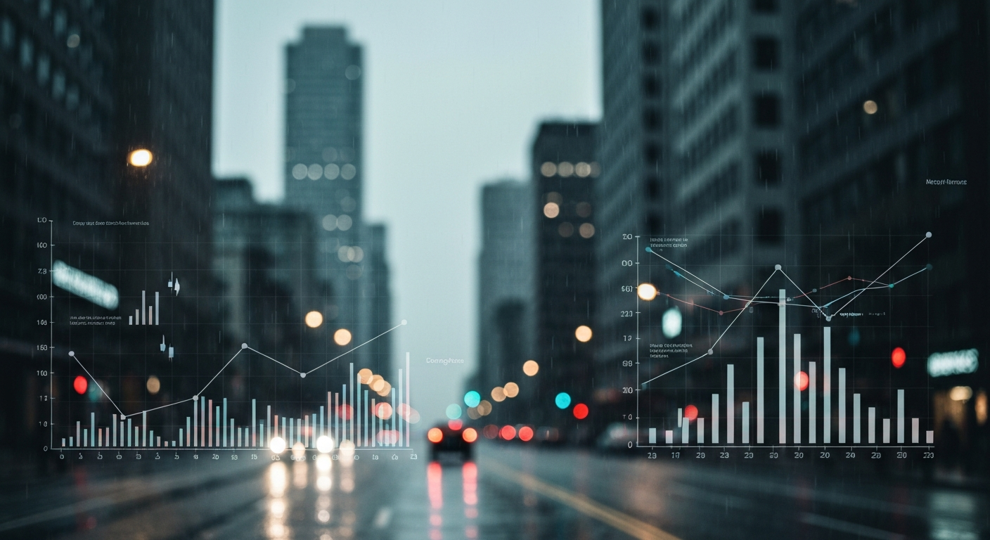 숫자상 회복세와 체감 경기 간 괴리를 상징하는 도시 경제 지표 이미지