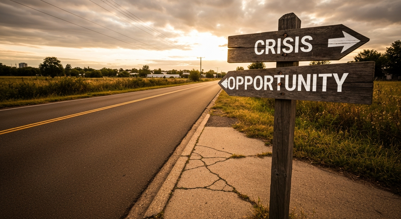 느린 경기 회복 국면에서 발생하는 위기와 기회의 갈림길을 나타내는 이미지