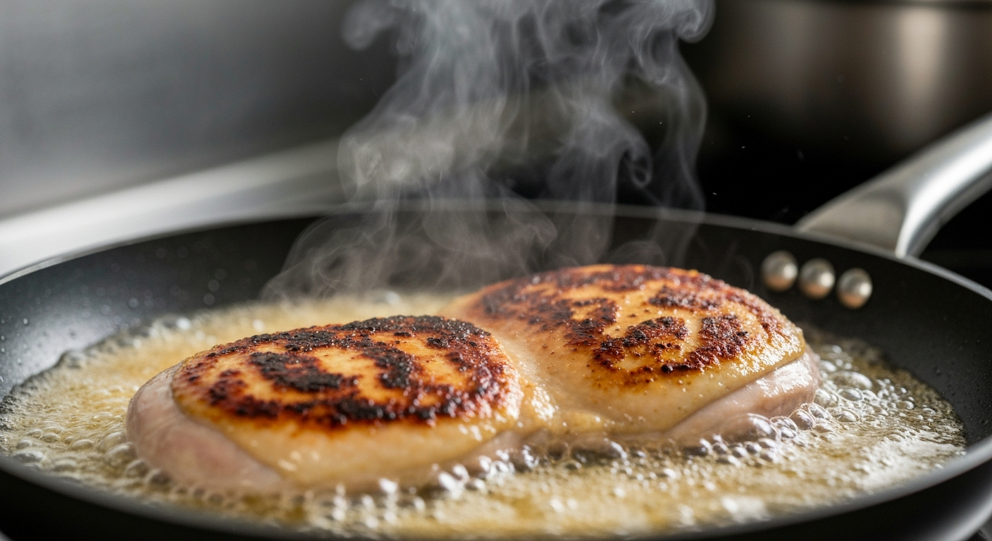 요리의 풍미 가치를 극대화하는 닭고기 시어링 과정.
