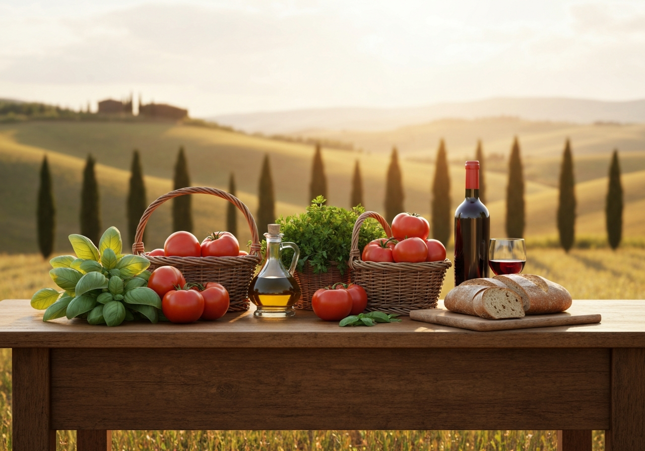 요리의 기원인 이탈리아 토스카나 지방의 풍요로운 식문화를 상징하는 이미지.