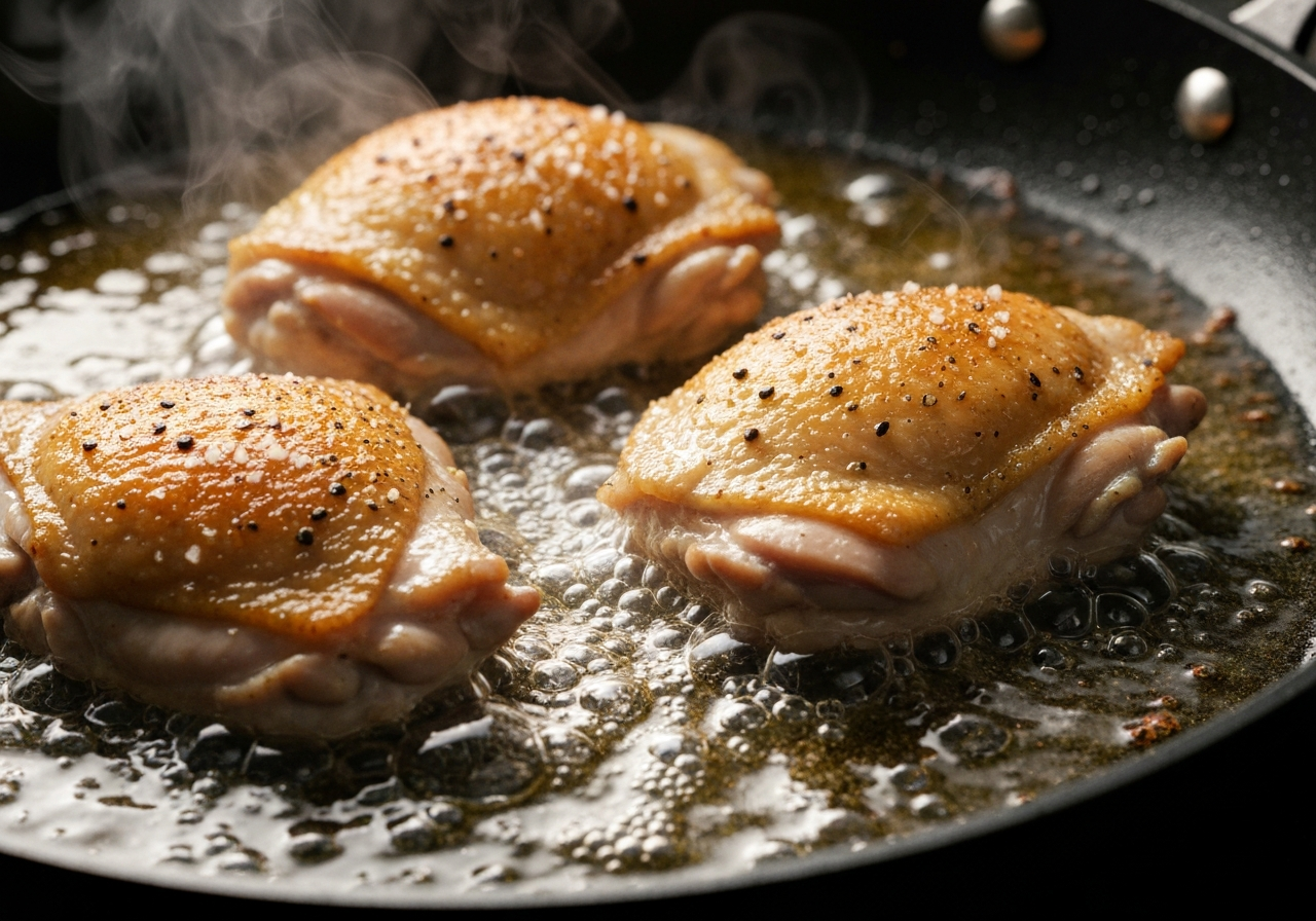 요리의 풍미를 결정하는 닭고기 시어링 과정의 중요성을 보여주는 이미지.