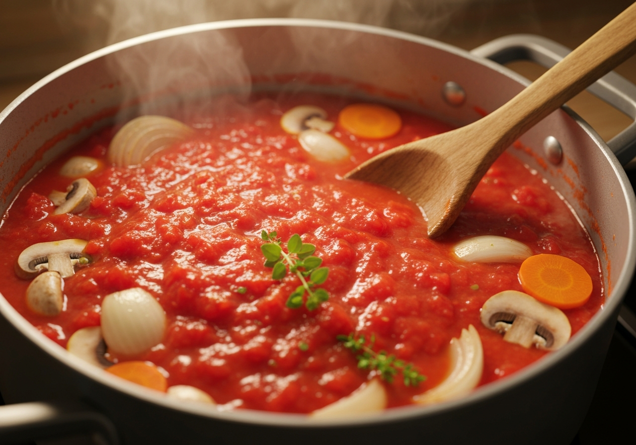 스튜의 맛의 기반이 되는 토마토 소스가 끓고 있는 과정을 나타내는 이미지.