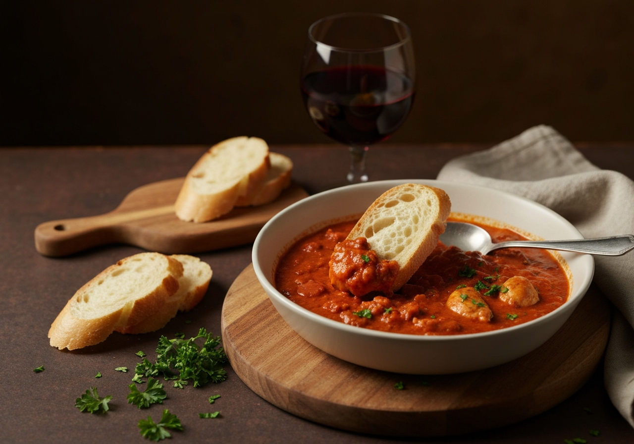 요리의 가치를 높이는 빵과 함께 소스를 즐기는 페어링 방법을 상징하는 이미지.