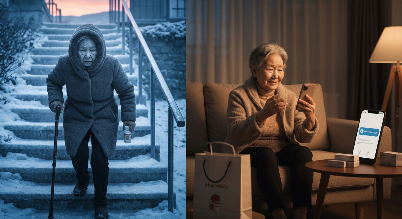 비대면 진료 도입 이전 노년층의 불편한 병원 방문 현실을 상징하는 이미지