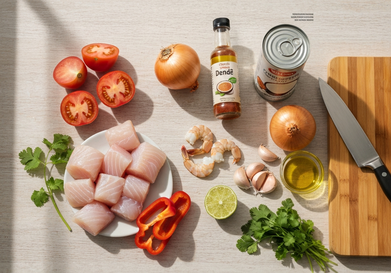 무케카 요리에 필요한 신선한 식재료 구성을 보여주며, 최종 요리의 원가 구조를 상징하는 이미지.