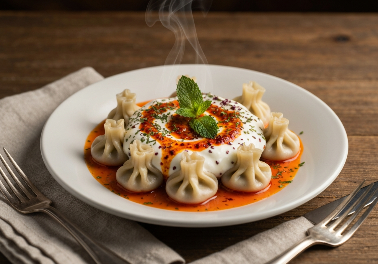 요거트와 버터 소스로 완성된 터키식 만두 요리의 최종 모습