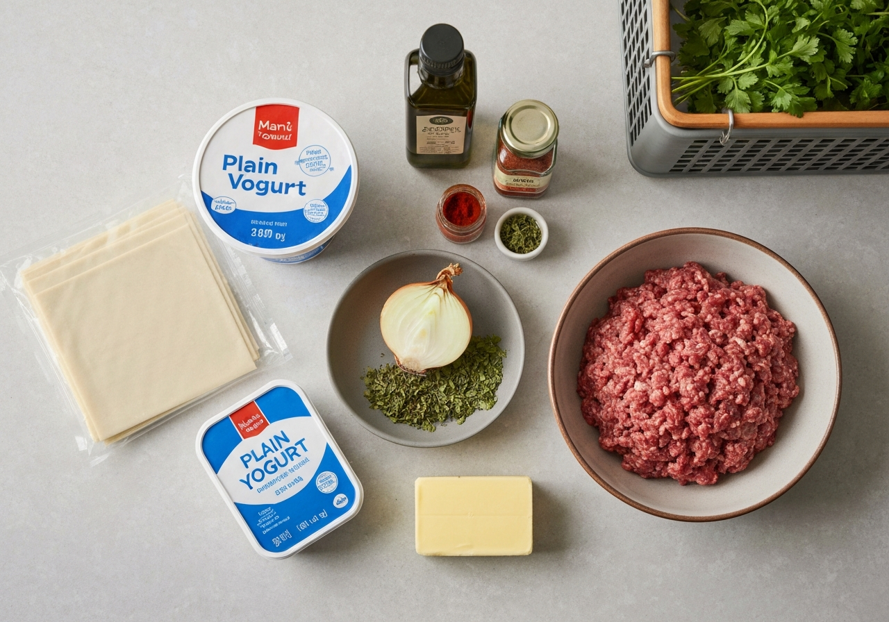 터키 만트 요리에 필요한 만두피, 다진 고기, 요거트 등 핵심 재료들