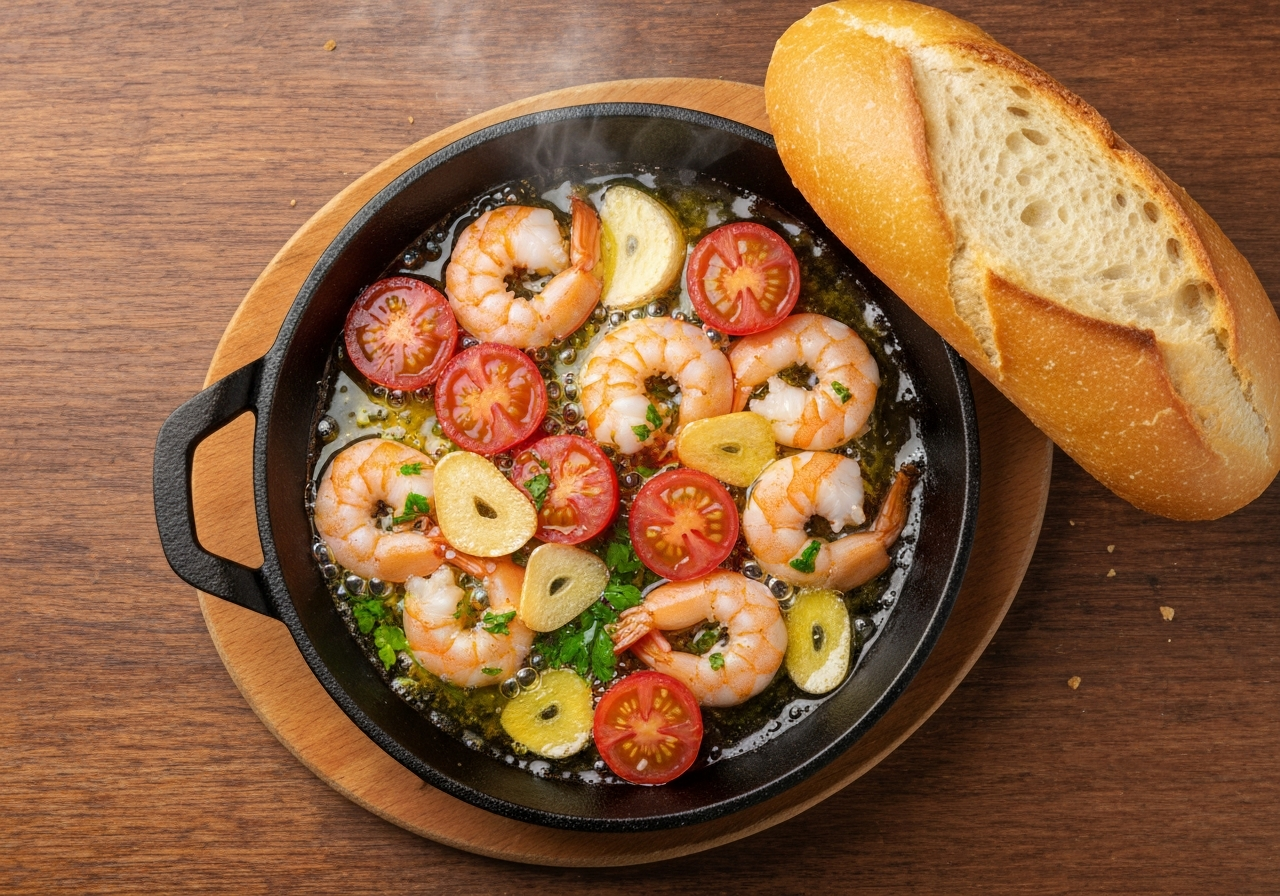 스페인 요리의 정수를 보여주는 먹음직스러운 감바스 알 아히요 최종 완성 요리.