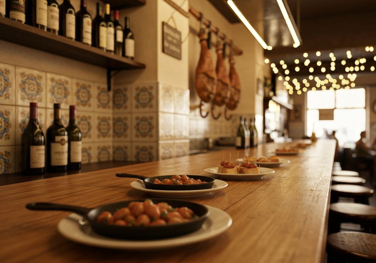 스페인 타파스 문화의 활기찬 분위기를 상징하는 현지 바의 풍경.