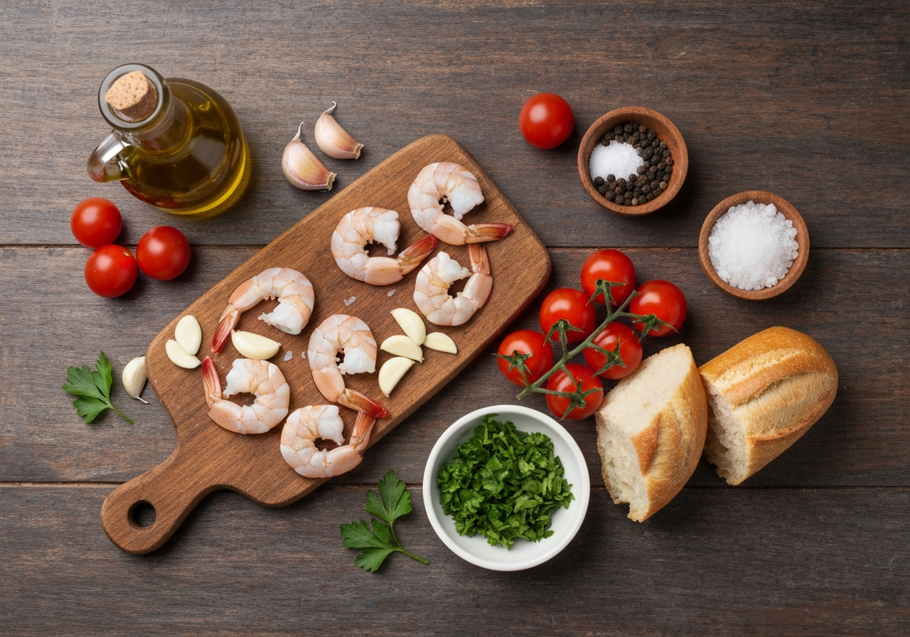 감바스 알 아히요 요리에 사용될 신선한 새우, 마늘, 토마토 등 핵심 재료 모음.