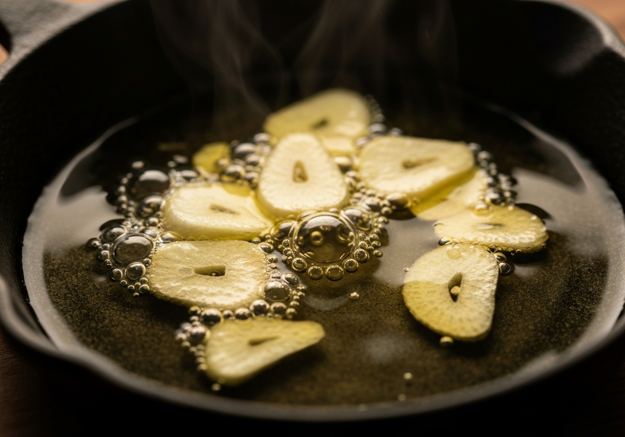 올리브 오일에 마늘과 페페론치노를 넣고 끓여 풍미를 내는 조리 과정.