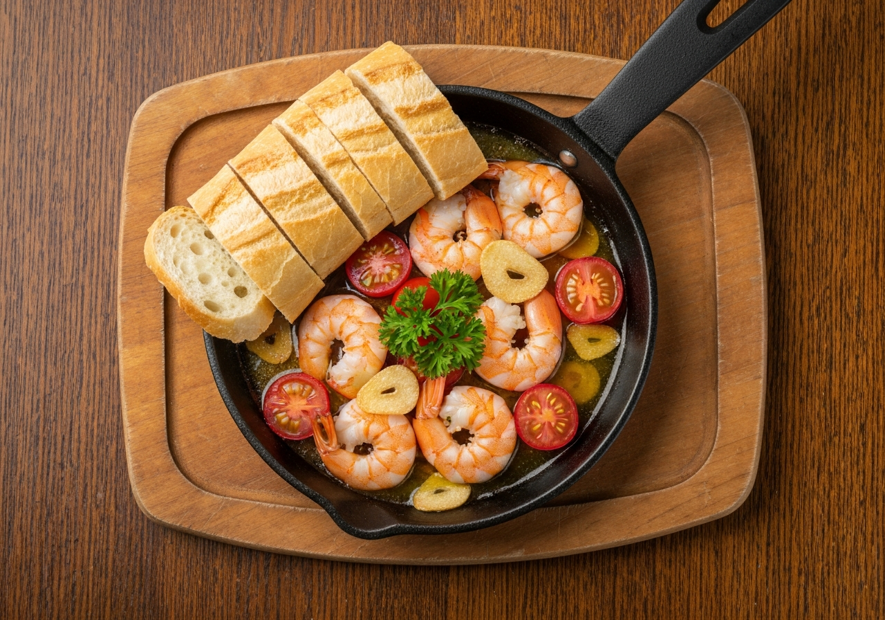 팬 안에서 모든 재료가 어우러져 맛있게 조리된 감바스 알 아히요.